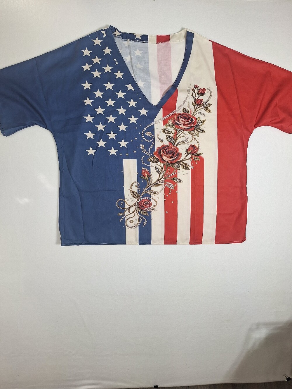 Patriotic V Neck Blouse With Rose Accent